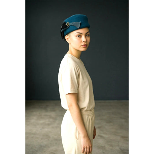 Vintage 80s Liz Claiborne Blue Wool Felt Pillbox Hat