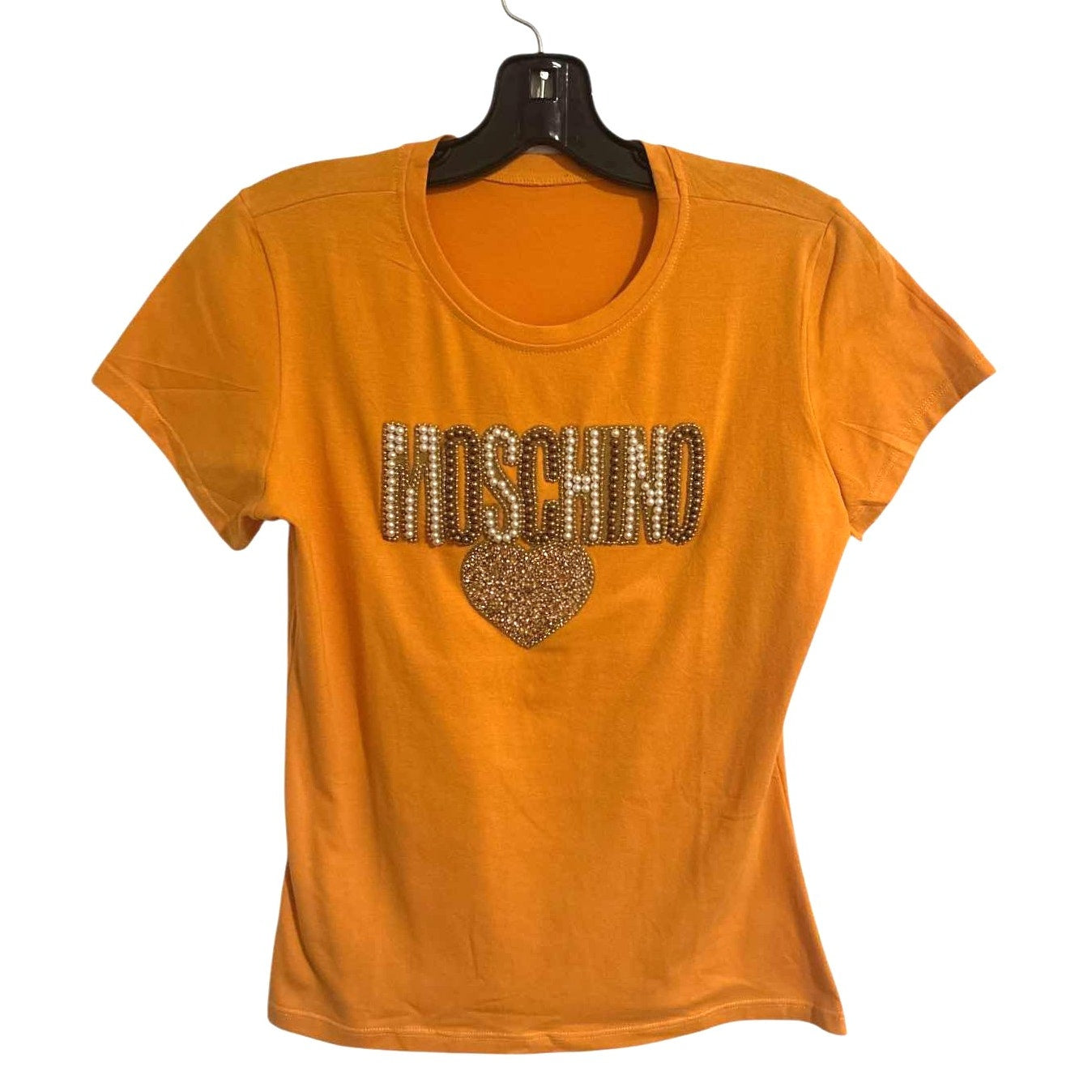 ONLY ONE!!! Moschino Rare Orange Rhinestone Logo Heart Designer T-Shirt Size M