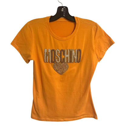 ONLY ONE!!! Moschino Rare Orange Rhinestone Logo Heart Designer T-Shirt Size M