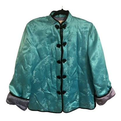 Vintage 1990s Turquoise Quilted Mandarin Jacket with Frog Closures | Size L