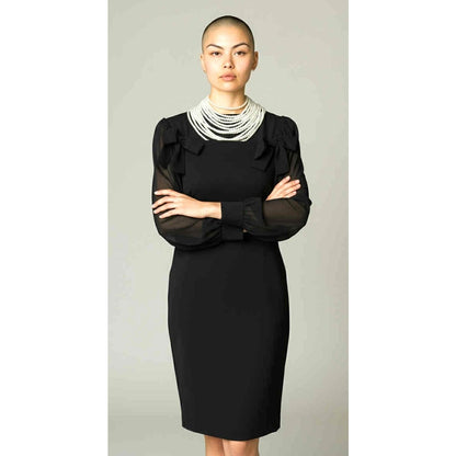 ONLY ONE!!! Vintage 1980s Capriccio Black Cocktail Dress with Sheer Sleeves ~ Size 10