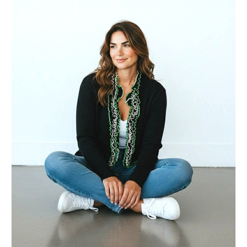 ONLY ONE!!! Ming Wang Black Knit Jacket w/Green White Ribbon Trim ~ Size XL