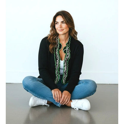 ONLY ONE!!! Ming Wang Black Knit Jacket w/Green White Ribbon Trim ~ Size XL