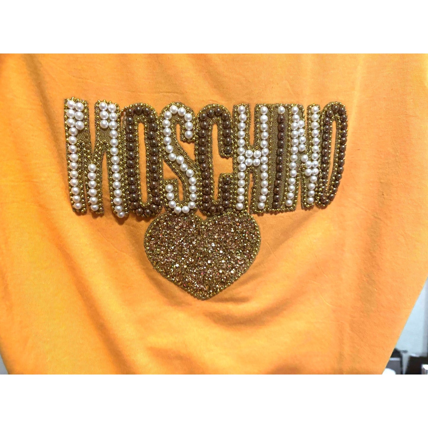 ONLY ONE!!! Moschino Rare Orange Rhinestone Logo Heart Designer T-Shirt Size M