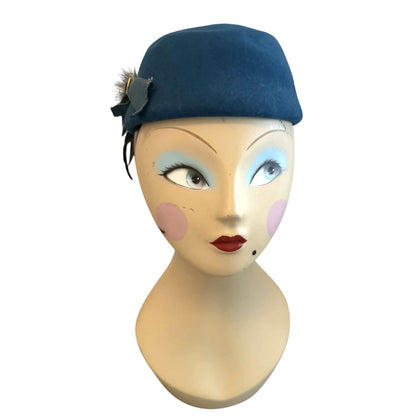 Vintage 80s Liz Claiborne Blue Wool Felt Pillbox Hat