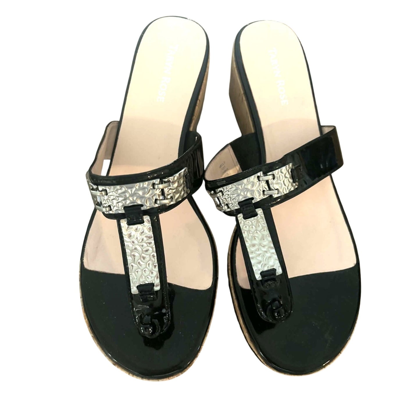 Taryn Rose “Nelly” Black Patent Leather Sandals with Silver Hardware – Size 10