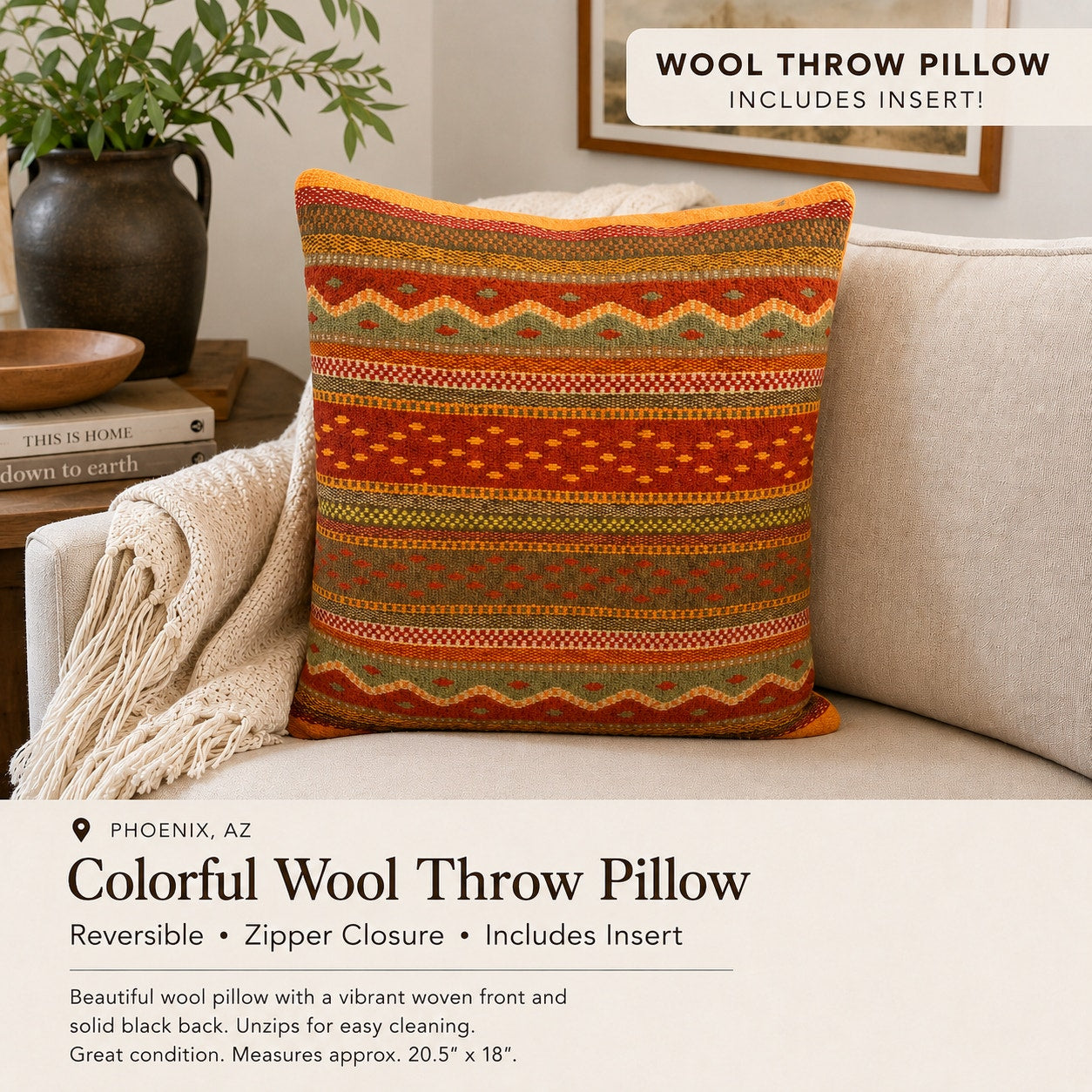 Colorful Handwoven Wool Throw Pillow 20.5"x18"