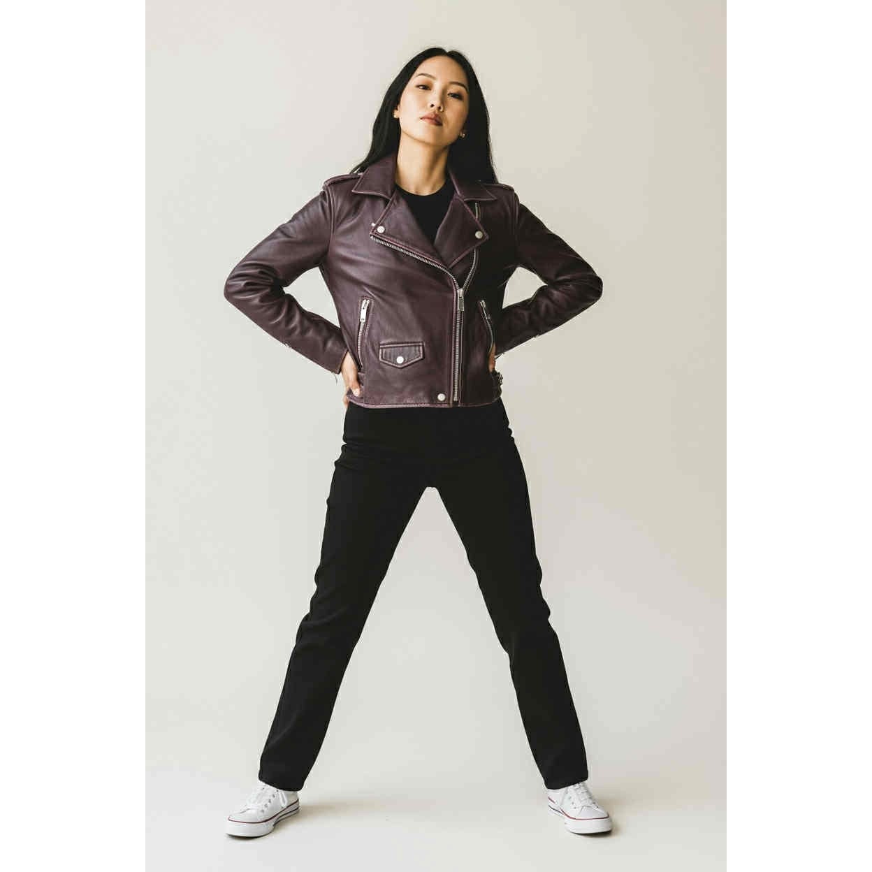 ONLY ONE!!! Amaryllis Distressed 100% Leather Moto Deep Jacket Purple Asymmetric Zip ~ Size S