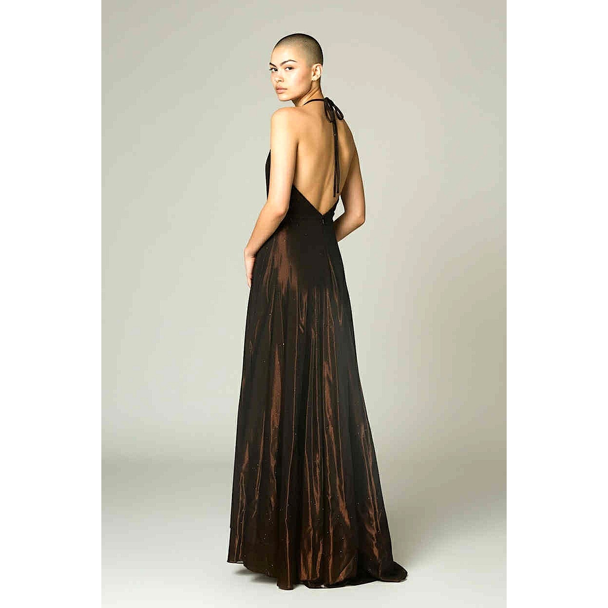 ONLY ONE!!! Vintage Scott McClintock Bronze Satin Halter Evening Gown Maxi Dress Size 10 USA