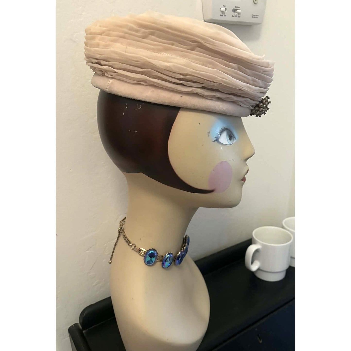 Mid-Century Ruched Chiffon Cocktail Hat with Pearl Brooch