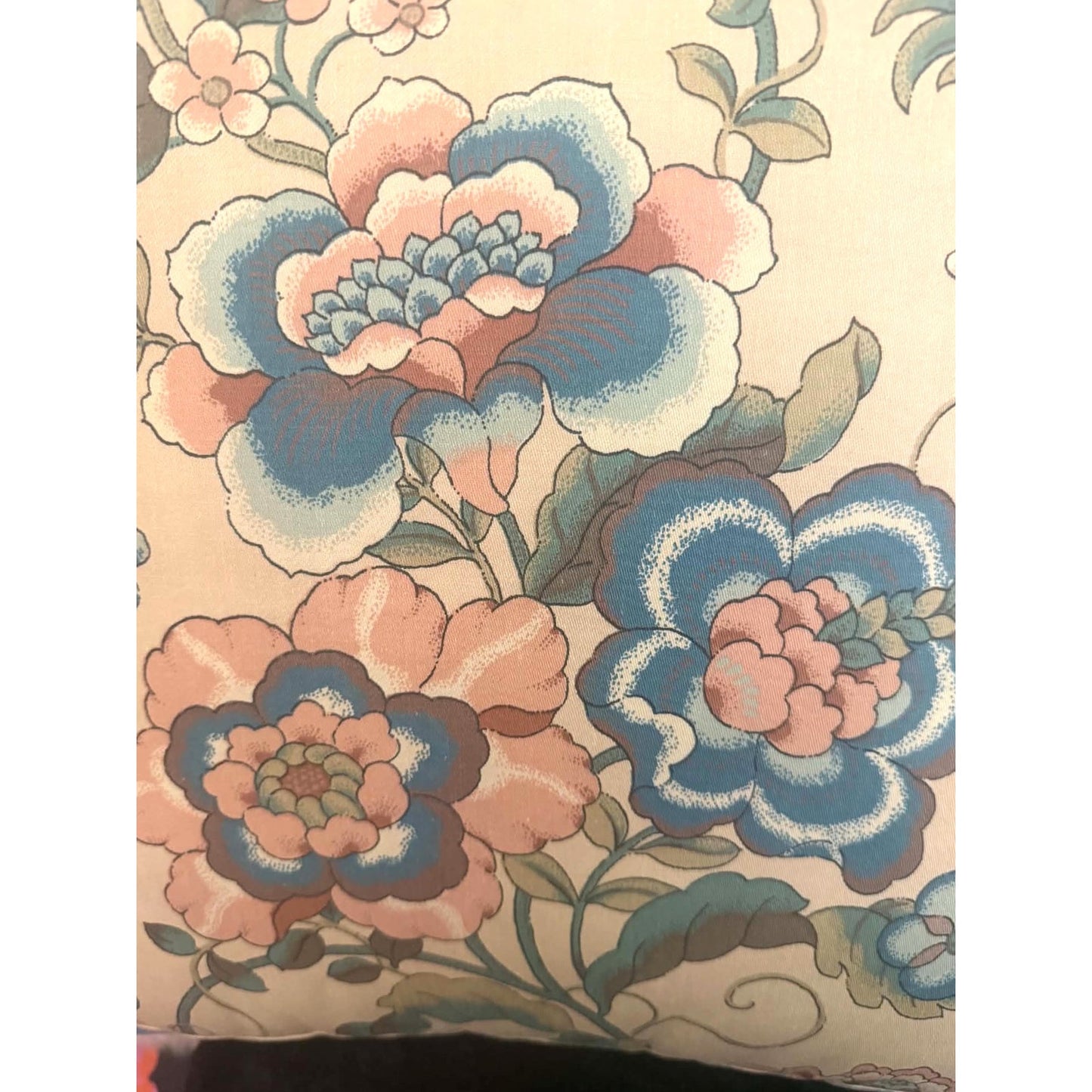 Vintage Floral Cotton Pillow Pair with Blue Suede Piping