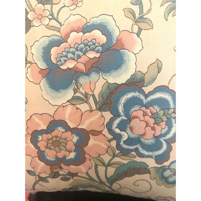 Vintage Floral Cotton Pillow Pair with Blue Suede Piping