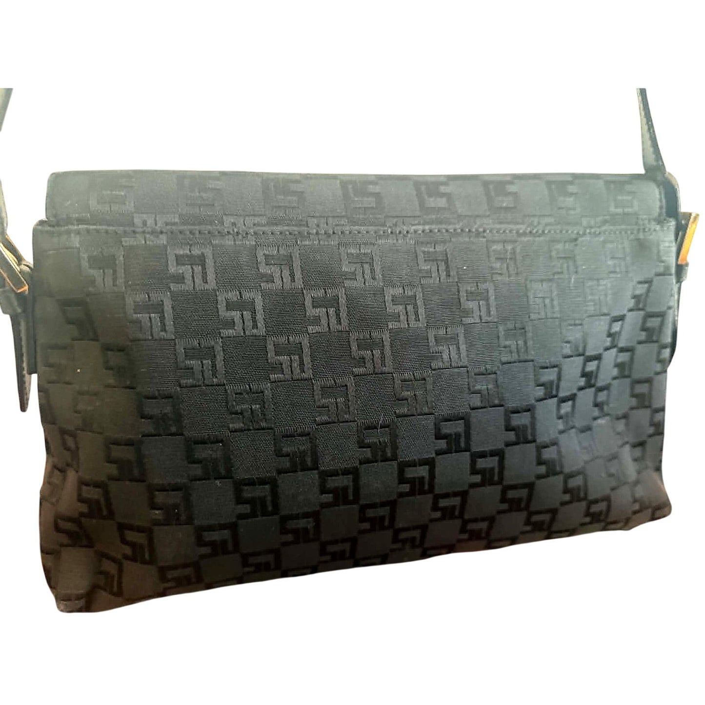 Vintage St. John Black Canvas & Leather Shoulder Bag Gold Hardware