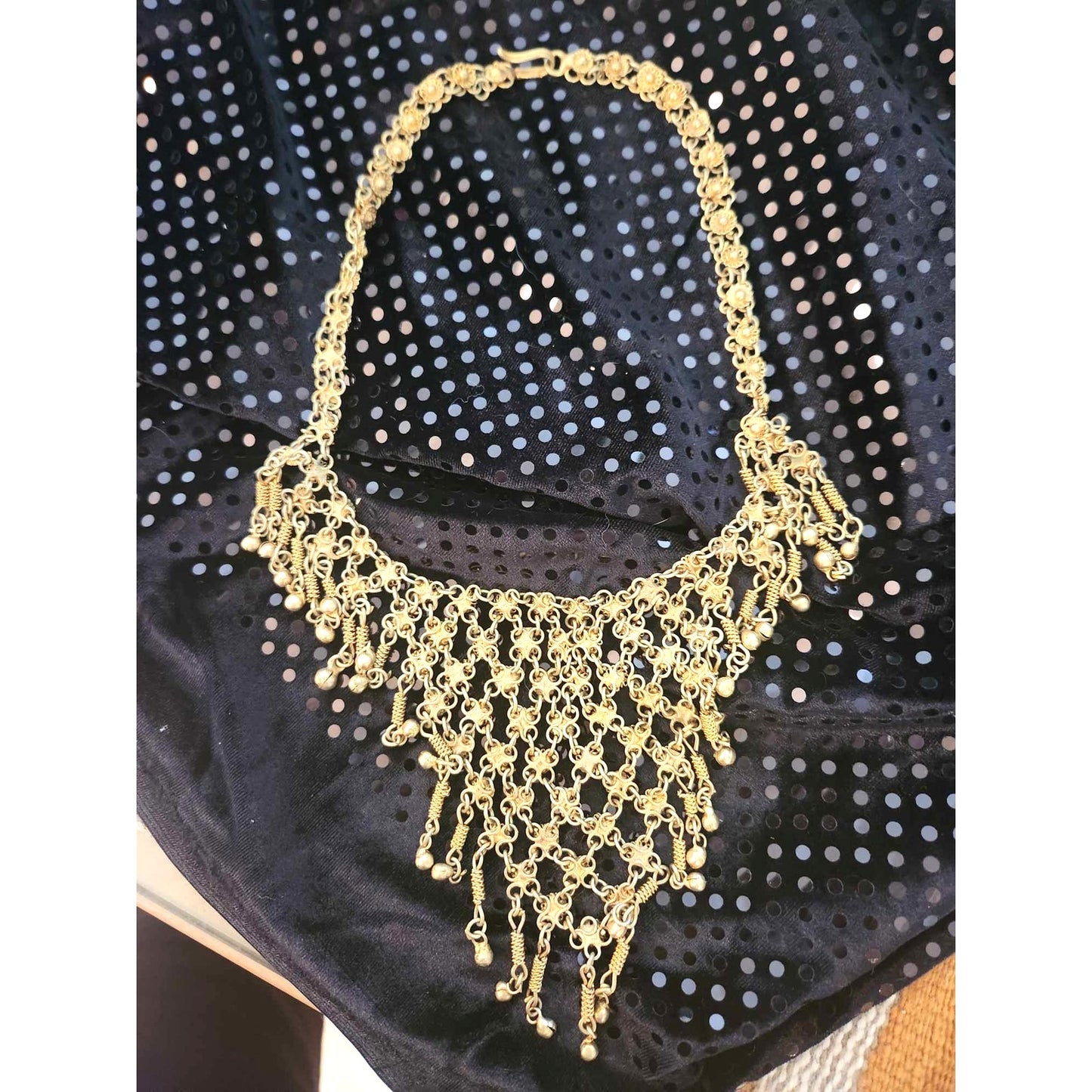 ONLY ONE!!! Vintage Gold Tone Ethnic Triangular Bib Necklace Chime Fringe Statement Jewelry