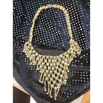 ONLY ONE!!! Vintage Gold Tone Ethnic Triangular Bib Necklace Chime Fringe Statement Jewelry