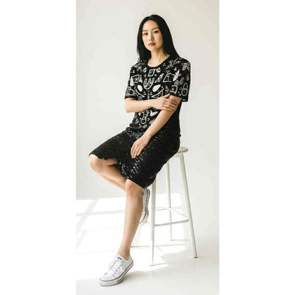 ONLY ONE!!! Vintage 1980s Black Sequin Beaded Cocktail Dress Geometric Art Deco Style ~ Size M