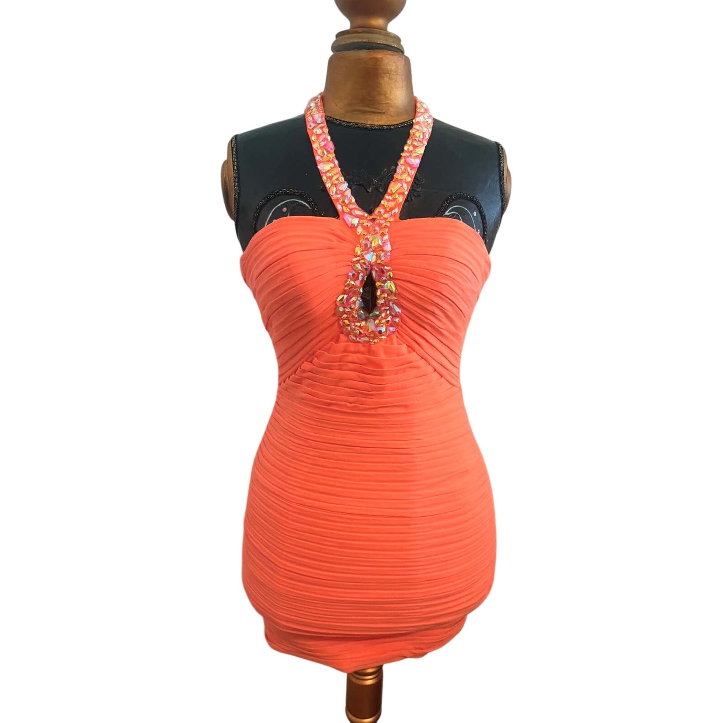 Jovani Neon Orange Ruched Bodycon Mini Dress | Beaded Halter Cocktail Dress