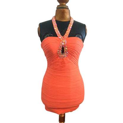 Jovani Neon Orange Ruched Bodycon Mini Dress | Beaded Halter Cocktail Dress