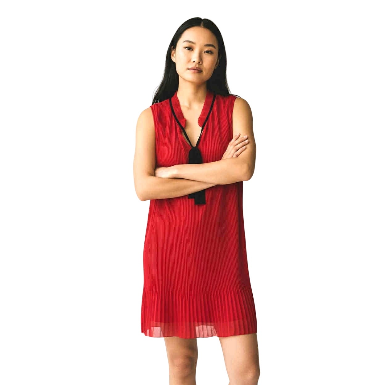 ONLY ONE!!! DKNY Red Pleated Chiffon Shift Dress with Black Bow Detail ~ Size 6