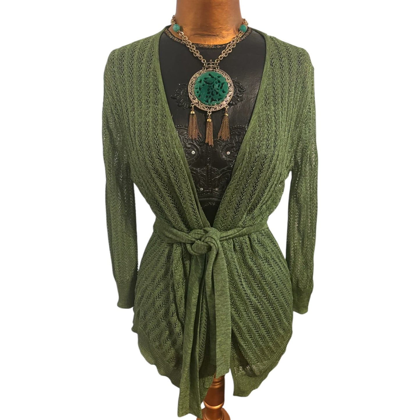 ONLY ONE!!! Tracy Reese New York Green Open Knit Tie Belt Cardigan Sweater ~ Size L