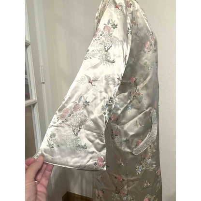 Vtg Gold Asian Satin Brocade Long Cheongsam Robe Jacket Embroidered Floral Sz XL