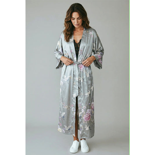 Kim + Ono Silver Floral Gray Crane Kimono Satin Robe ~ L