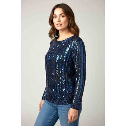 ONLY ONE!!! Vintage 1980s Blue Sequin Beaded Black Silk Top M/L