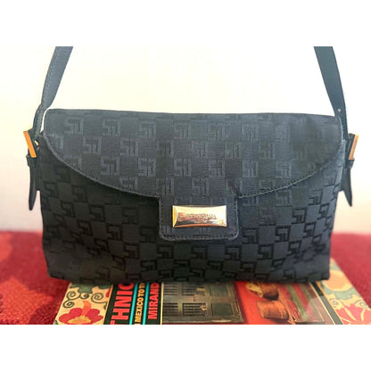 Vintage St. John Black Canvas & Leather Shoulder Bag Gold Hardware