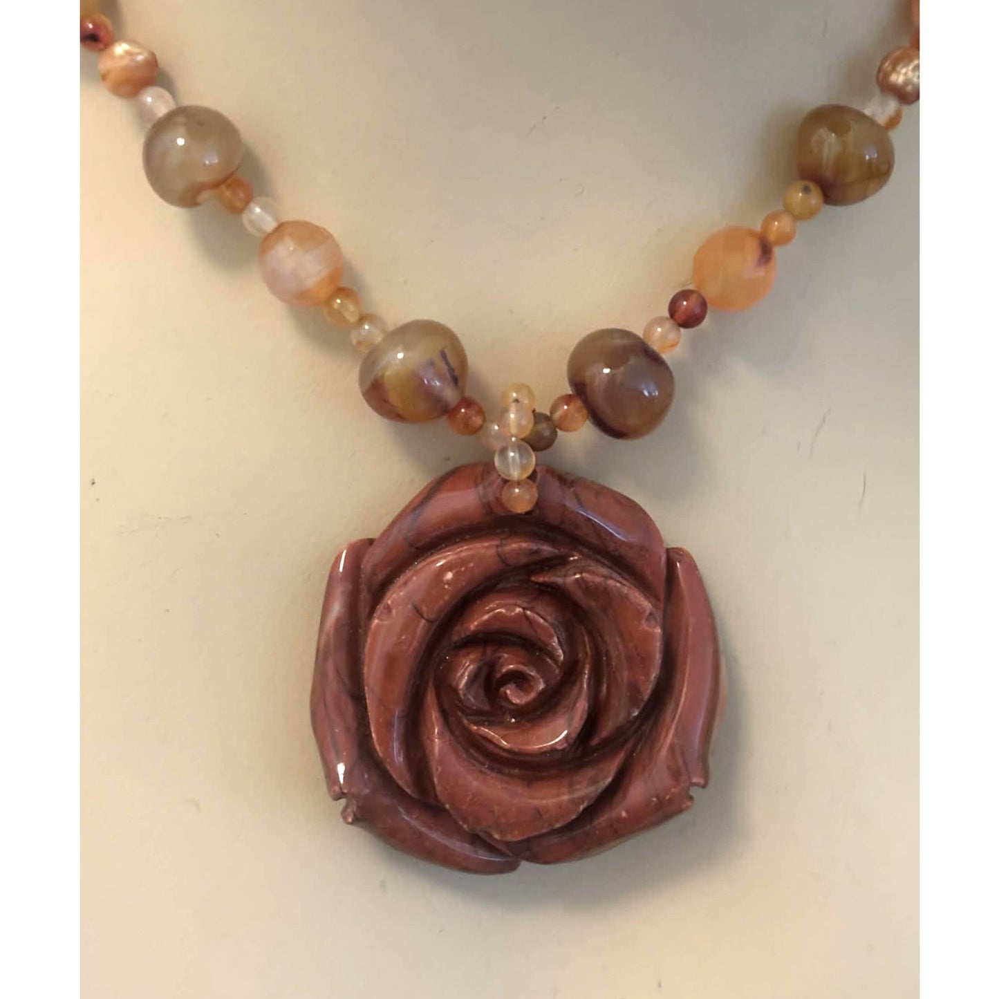 Carved Jasper Rose Pendant Necklace | Artisan Gemstone Statement