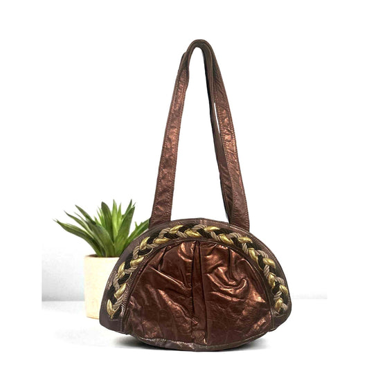 Vintage Genuine Leather Braided Shoulder Bag Metallic Bronze Brown Made in USA