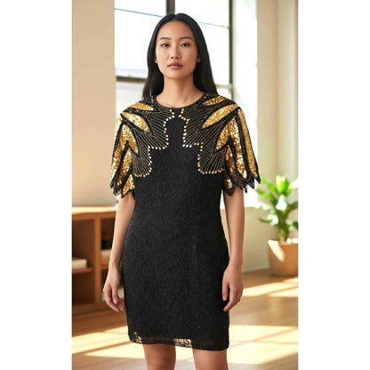 ONLY ONE!!! Vintage 1980s Stenay Black Gold Sequin Beaded Silk Dress ~ Petite 2