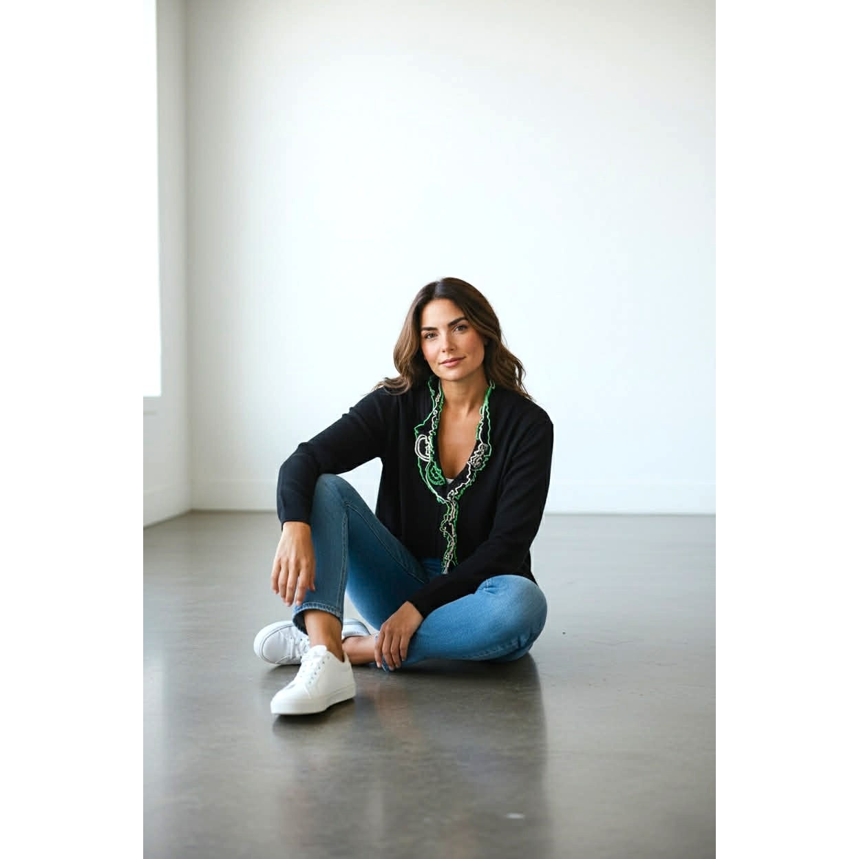 ONLY ONE!!! Ming Wang Black Knit Jacket w/Green White Ribbon Trim ~ Size XL