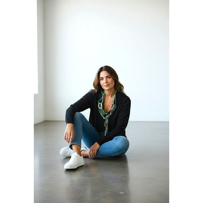 ONLY ONE!!! Ming Wang Black Knit Jacket w/Green White Ribbon Trim ~ Size XL