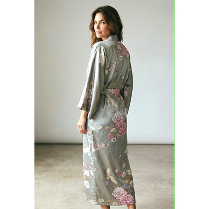 Kim + Ono Silver Floral Gray Crane Kimono Satin Robe ~ L