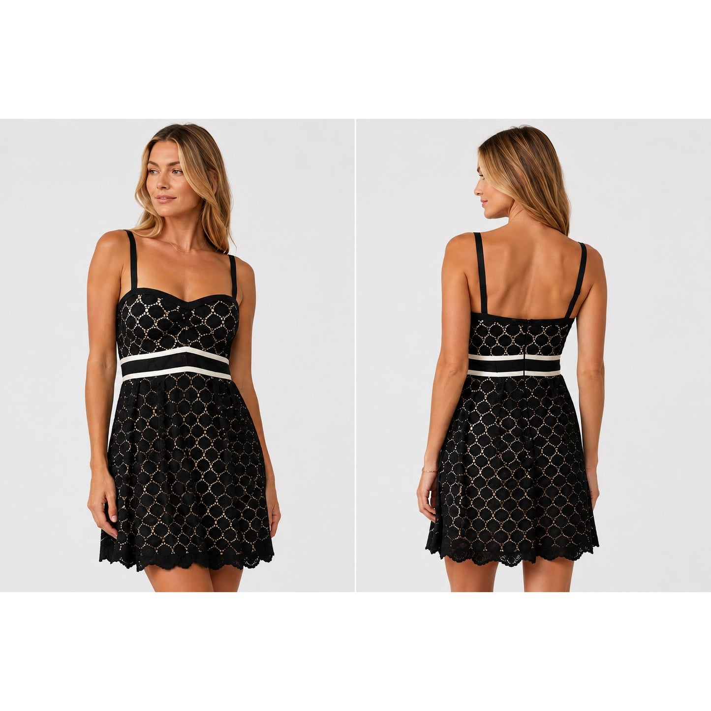 Nanette Lepore Black Lace Cocktail Dress with Ivory Grosgrain Ribbon – Size 6