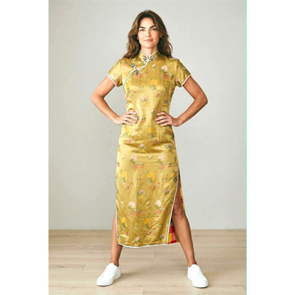Vintage Gold Cheongsam Satin Dress Size 38