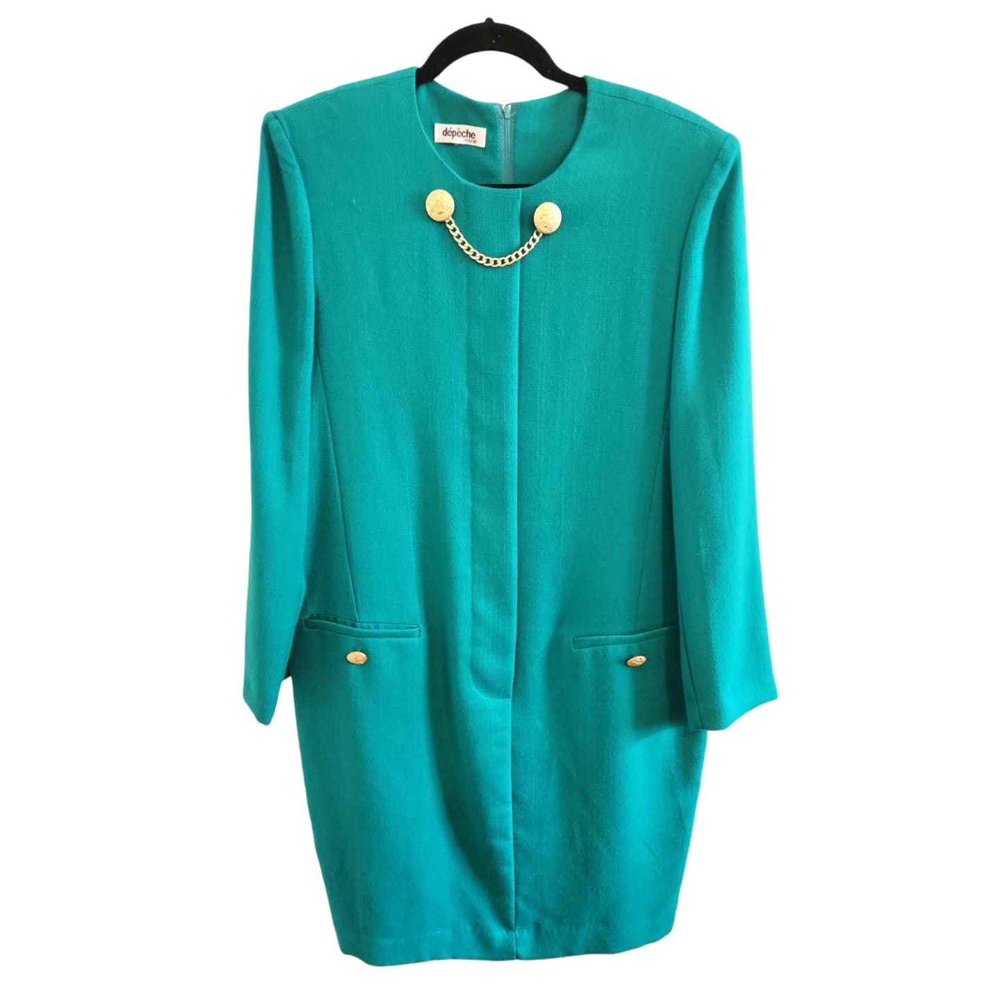 ONLY ONE!!! Vintage 1980s Depeche Mode Teal Sheath Dress ~ Gold Buttons Size 10