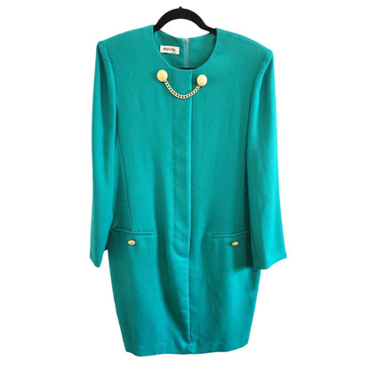 ONLY ONE!!! Vintage 1980s Depeche Mode Teal Sheath Dress ~ Gold Buttons Size 10