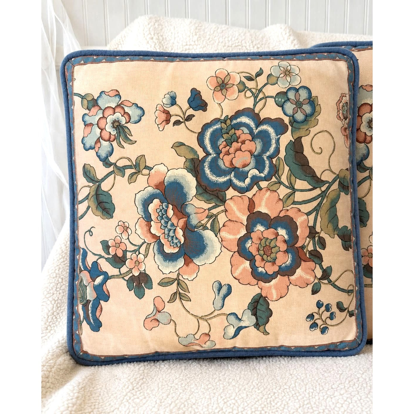 Vintage Floral Cotton Pillow Pair with Blue Suede Piping