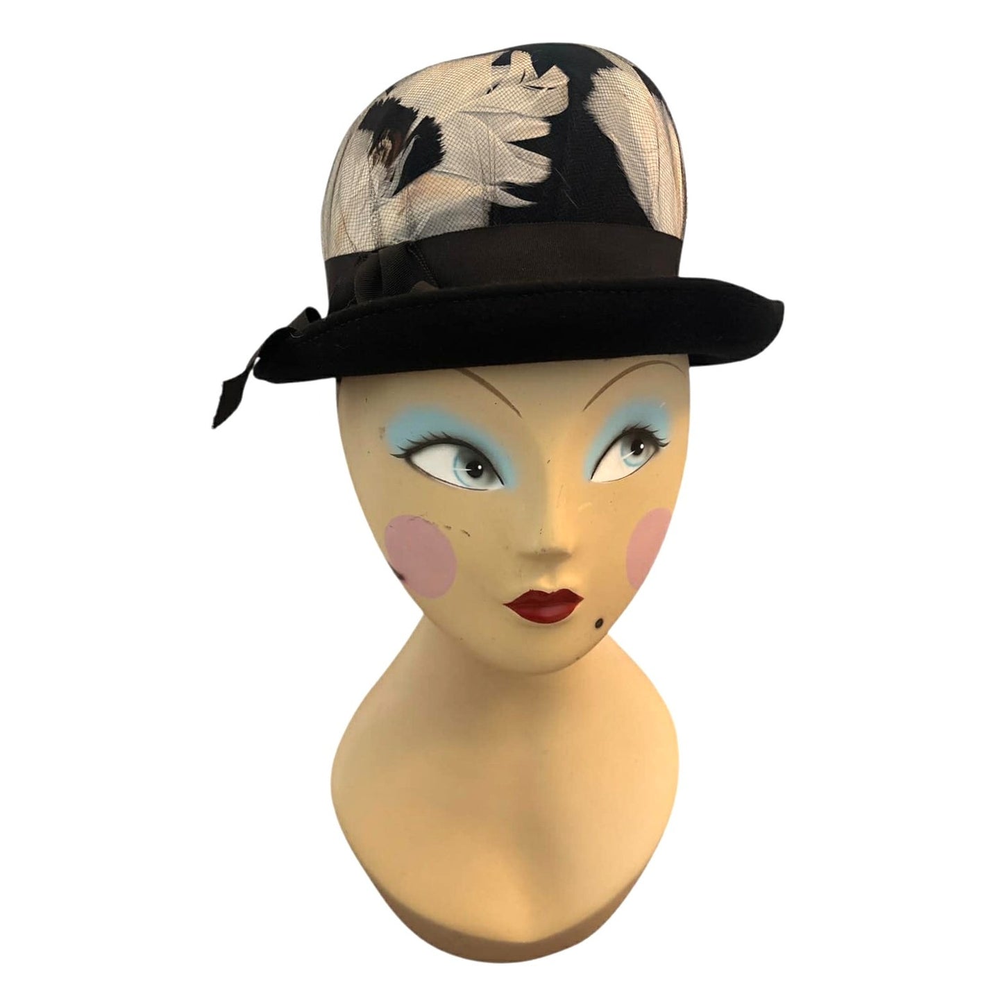 ONLY ONE!!! Vintage Neumann Endler Fair Field Black Wool Bowler Hat White Black Feathers