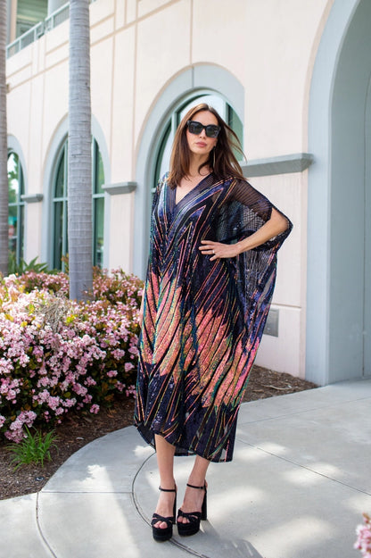 Midnight Lotus Sequin Caftan – One-Size Art Deco Glam