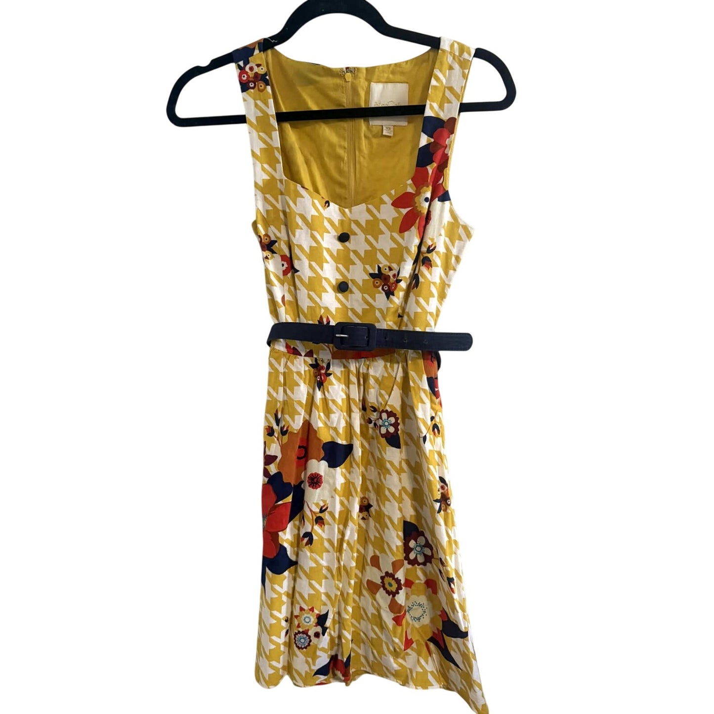 ModCloth Yellow Houndstooth Floral Fit & Flare Dress Size XS