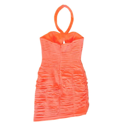 Jovani Neon Orange Ruched Bodycon Mini Dress | Beaded Halter Cocktail Dress
