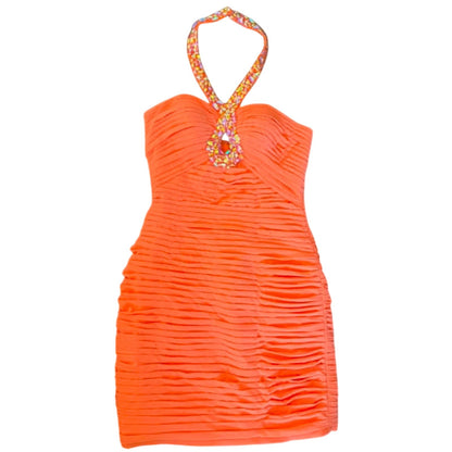 Jovani Neon Orange Ruched Bodycon Mini Dress | Beaded Halter Cocktail Dress