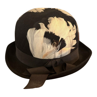 ONLY ONE!!! Vintage Neumann Endler Fair Field Black Wool Bowler Hat White Black Feathers