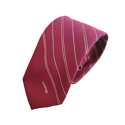 Men's LANVIN Paris Deep Red Repp Yellow White Stripe Silk Tie
