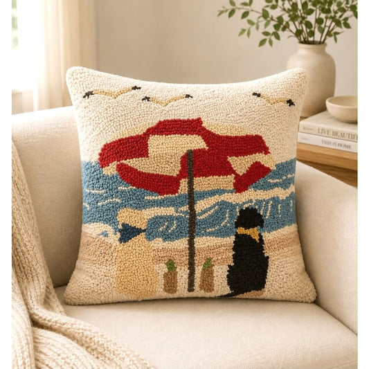 Hooked Wool Coastal Beach Throw Pillow Nautical Ocean Accent 15.5”