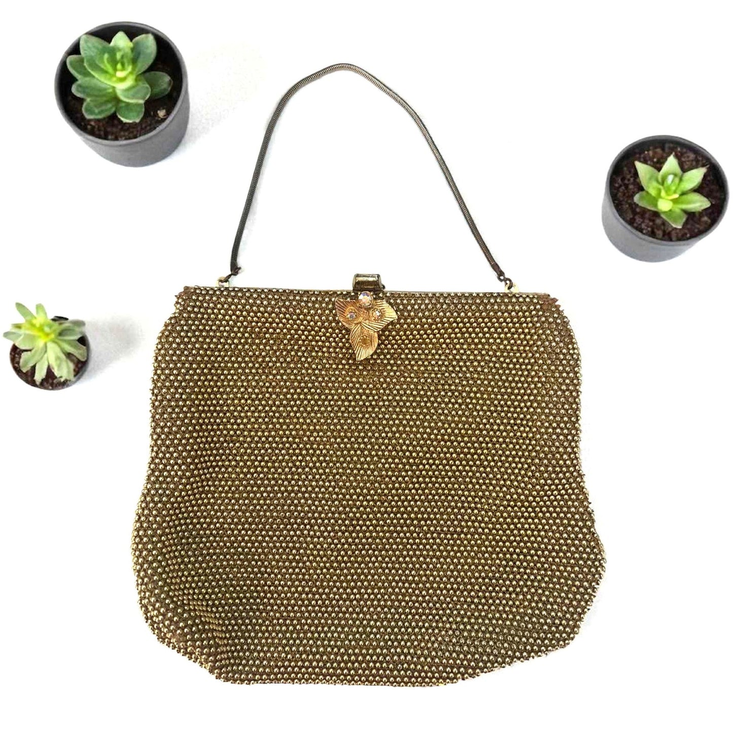 Vintage 1950s Lumured Andree Petite Gold Bead Evening Bag Purse USA Floral Clasp