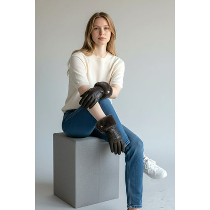 ONLY ONE!!! UGG Women's Leather Genuine Shearling Trim Tech Brown Driving Gloves ~ Size S