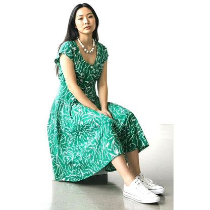 Vintage Neil Martin Green Abstract Print Fit & Flare Midi Dress | Size 12